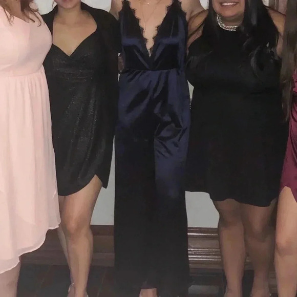 Leith Navy Satin Jumpsuit with Black Lace Trim - Picture 4 of 4